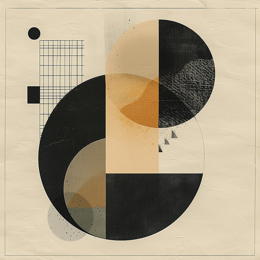 modern geometric abstract wall art with circles and grid lines in beige, black, and ochre tones