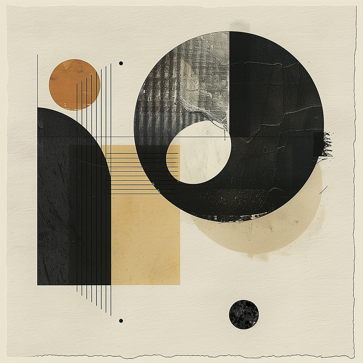 minimal geometric print with bold black circle, warm ochre shapes, and textured paper background”