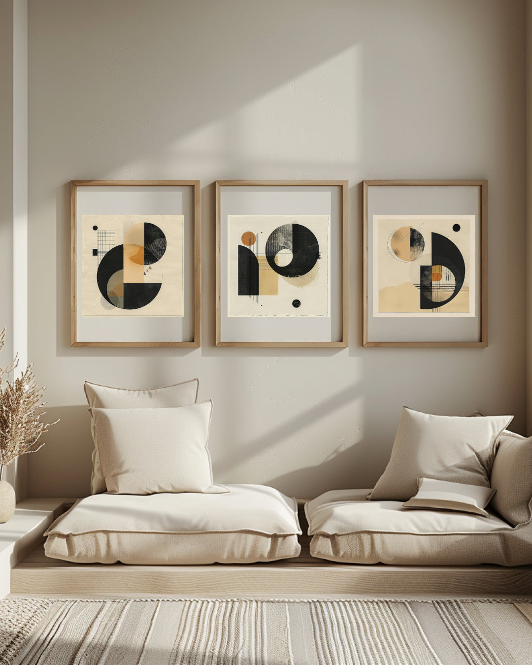abstract geometric illustration with curved shapes, monochrome circles, and warm neutral palette