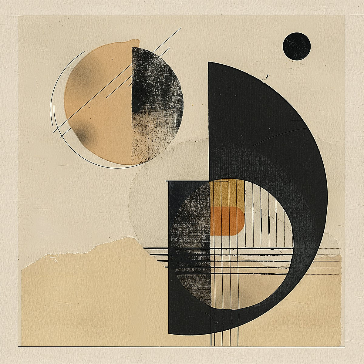 abstract geometric illustration with curved shapes, monochrome circles, and warm neutral palette”