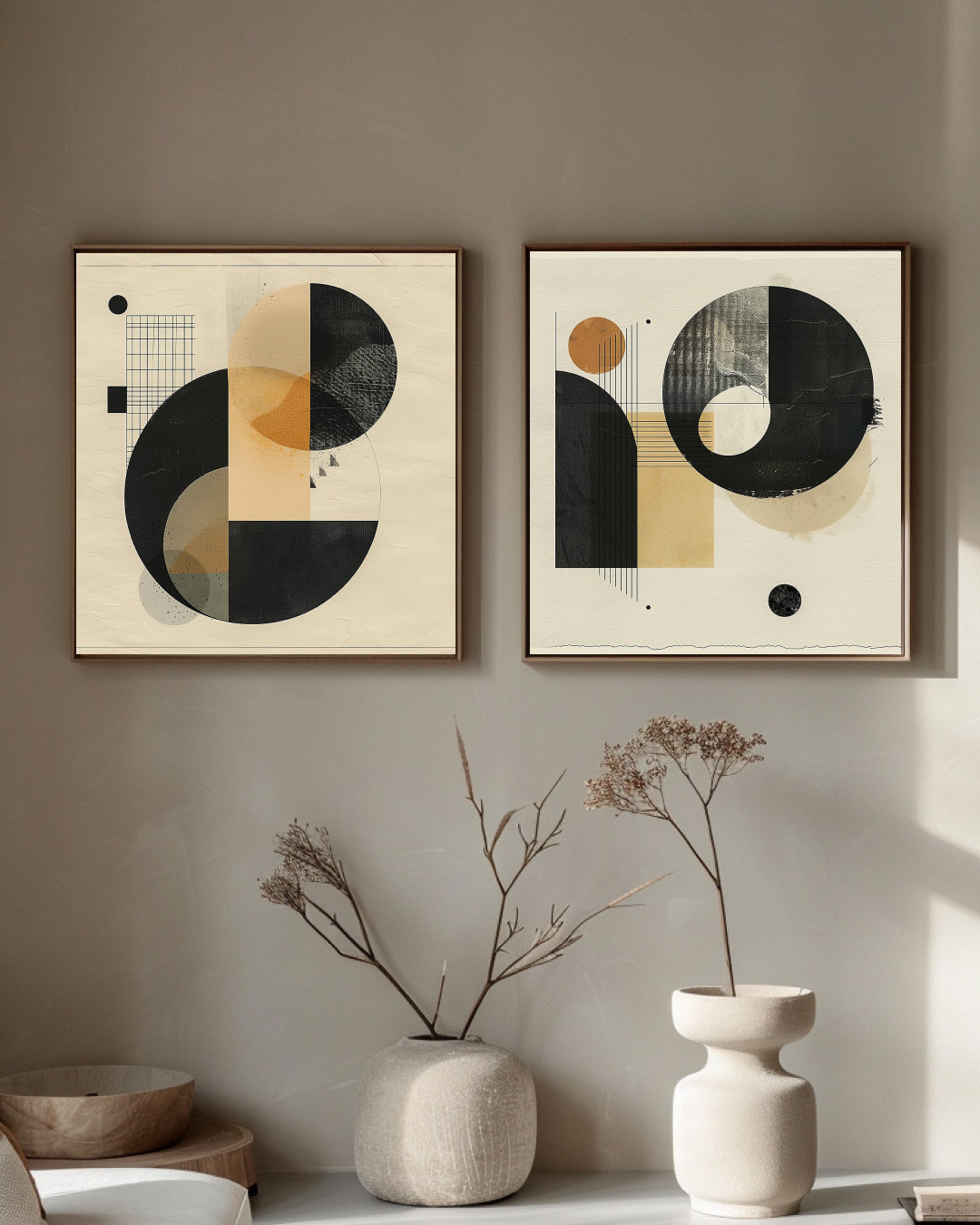 modern geometric abstract wall art with circles and grid lines in beige, black, and ochre tones