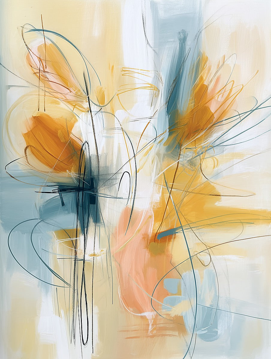 Abstract art with orange, blue, and black colors on a light background